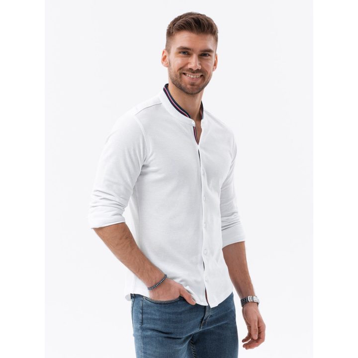 Vyriški ilgarankoviai megzti marškiniai, balti, SLIM, K542
