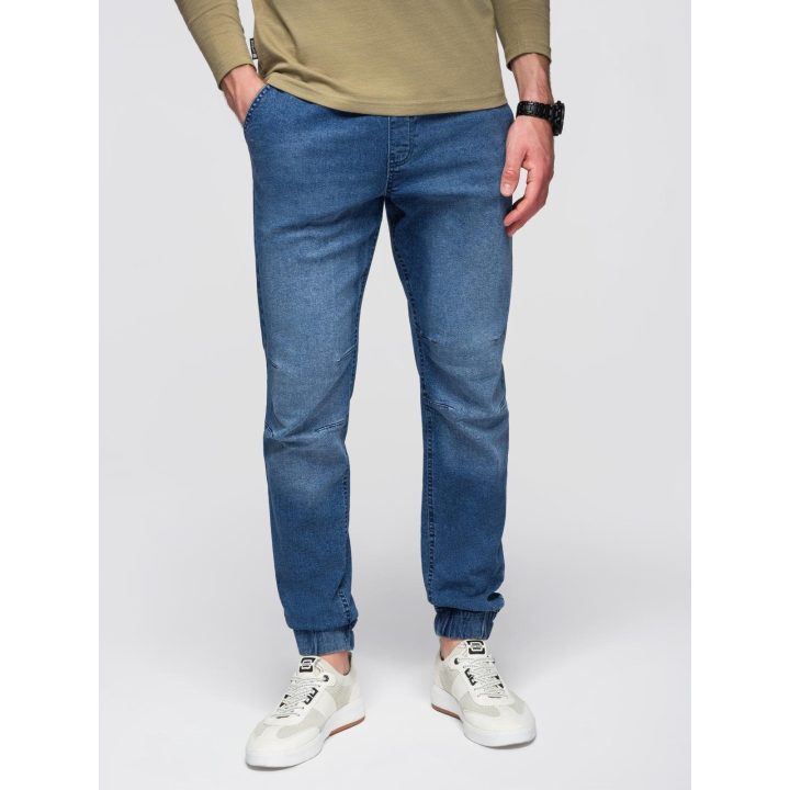 Vyriškos mėlynos jogger tipo kelnės su washed efektu