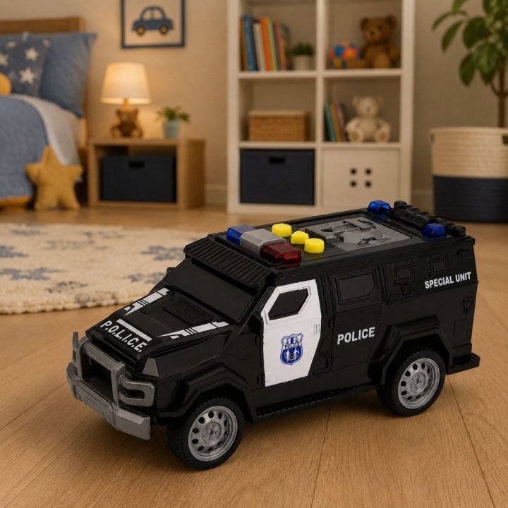 Juodas žaislinis policijos automobilis „Special Unit“ su šviesomis ir garsais