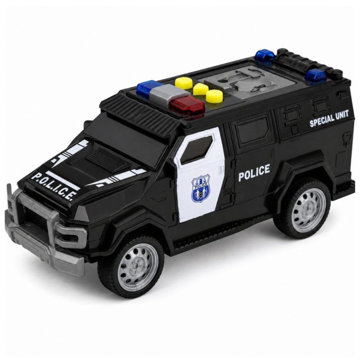 Juodas žaislinis policijos automobilis „Special Unit“ su šviesomis ir garsais