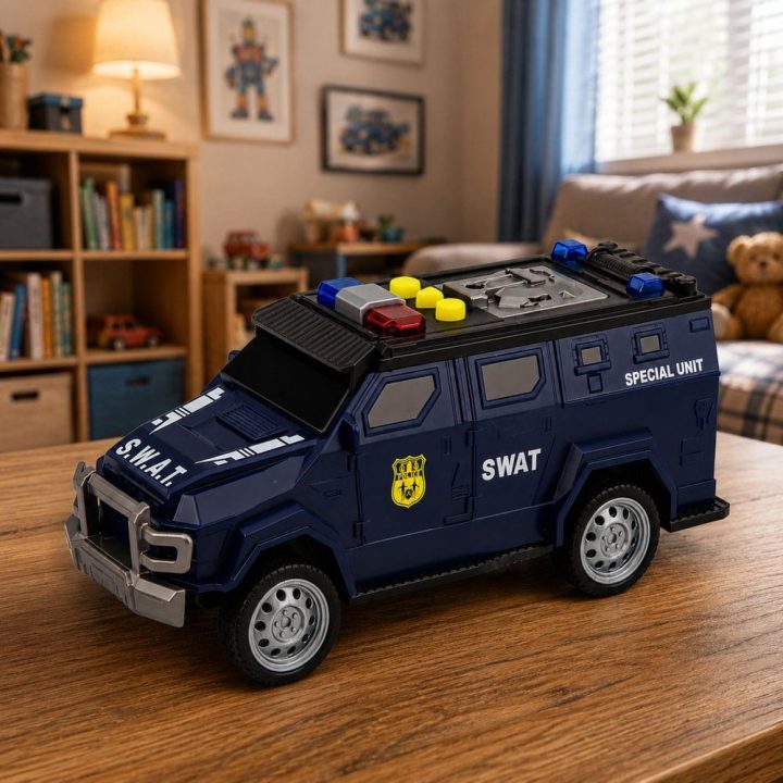 Tamsiai mėlynas žaislinis SWAT specialiosios tarnybos automobilis su šviesomis ir garsais