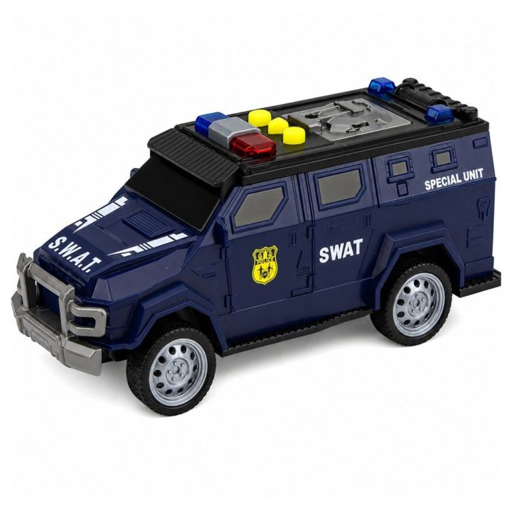 Tamsiai mėlynas žaislinis SWAT specialiosios tarnybos automobilis su šviesomis ir garsais