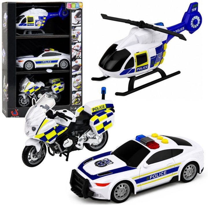 Žaislinis policijos transporto priemonių rinkinys su šviesomis ir garsais, 1:32