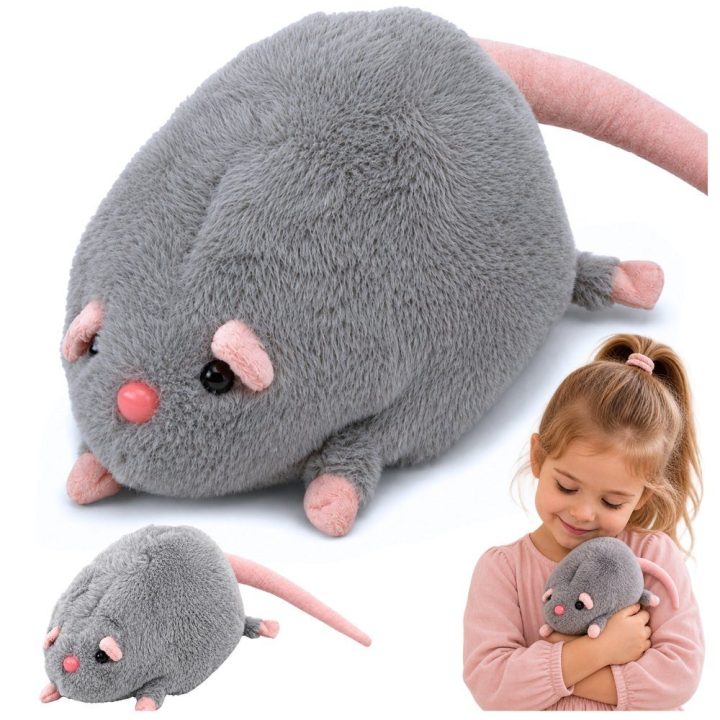 Pilkas pliušinis žiurkės žaislas su ilga uodega, 40 cm
