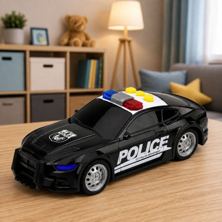 Juodas žaislinis policijos automobilis su šviesomis ir garsais 1:32