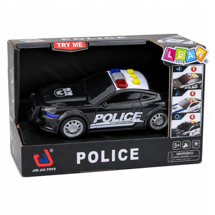 Juodas žaislinis policijos automobilis su šviesomis ir garsais 1:32
