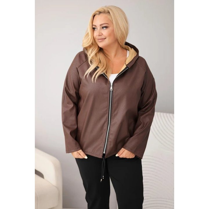Moteriška Plus Size striukė su gobtuvu ir reguliuojama apačia, ruda