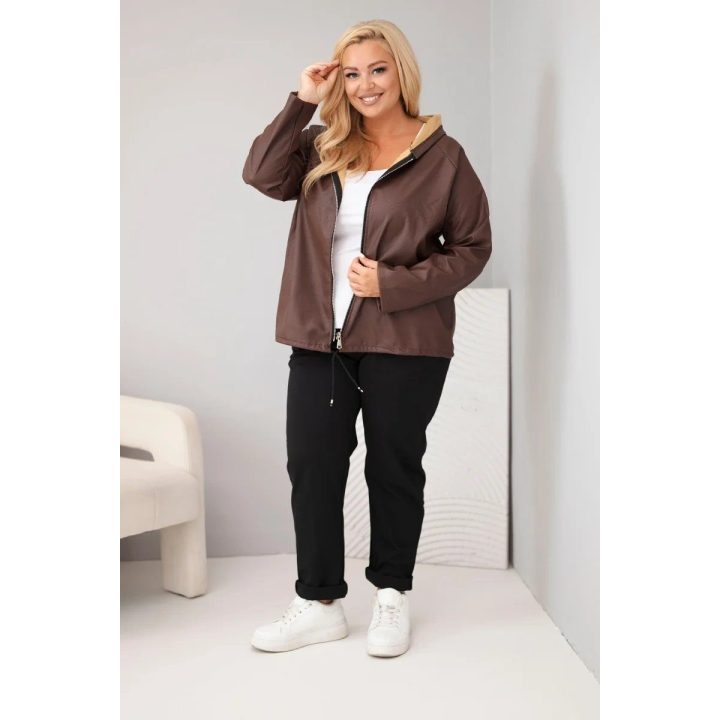 Moteriška Plus Size striukė su gobtuvu ir reguliuojama apačia, ruda