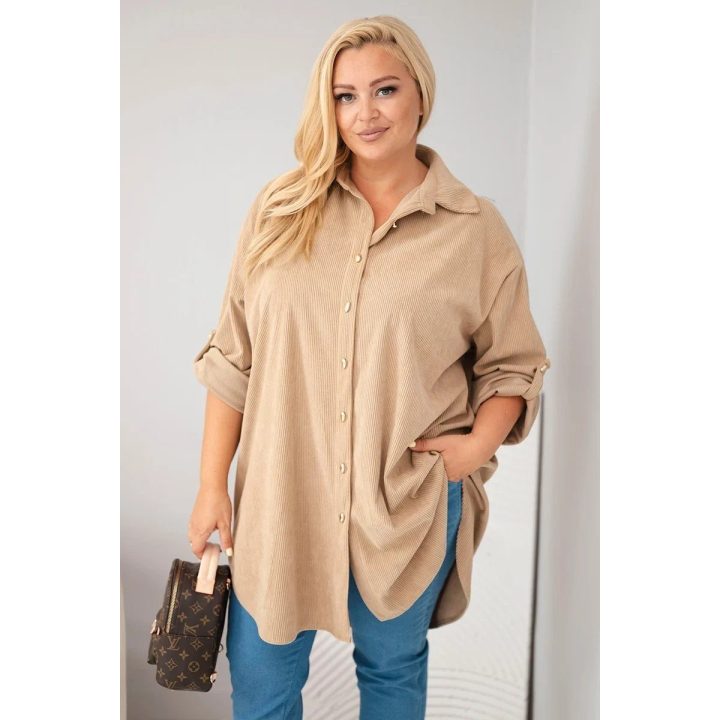 Moteriški Plus Size marškiniai su podvinėjamomis rankovėmis, smėlio spalvos