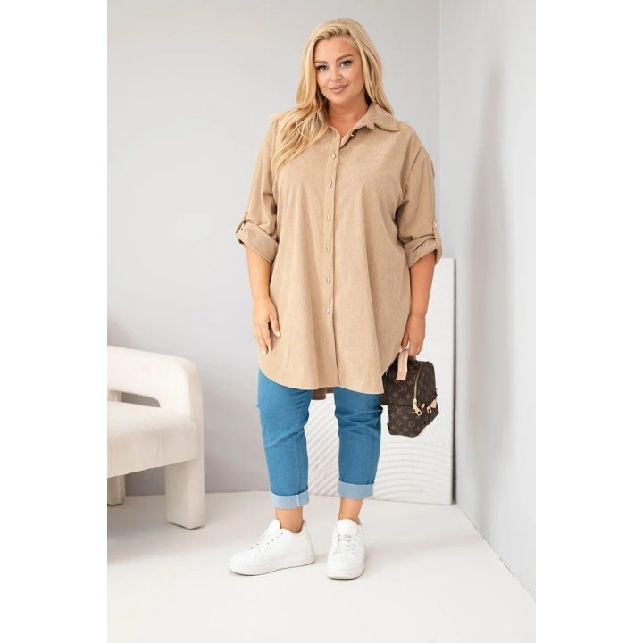 Moteriški Plus Size marškiniai su podvinėjamomis rankovėmis, smėlio spalvos