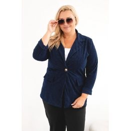 Moteriškas Plus Size švarkas iš štrukso su atlankomis ir kišenėmis, tamsiai mėlynas