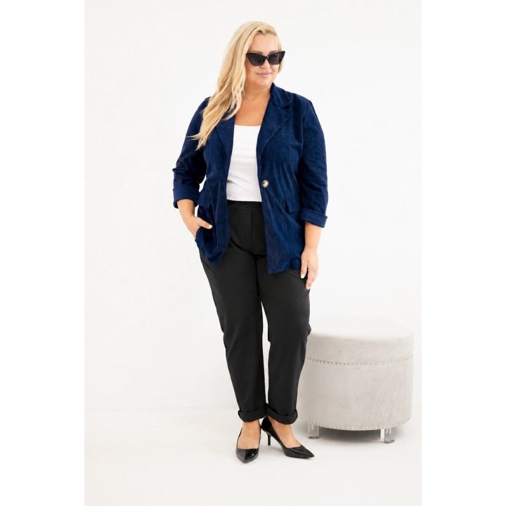 Moteriškas Plus Size švarkas iš štrukso su atlankomis ir kišenėmis, tamsiai mėlynas