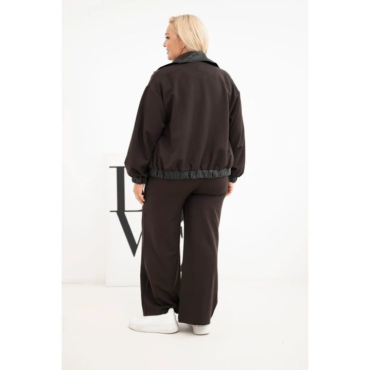 Moteriškas Plus Size komplektas su užtraukiamu džemperiu ir plačiomis kelnėmis, rudas
