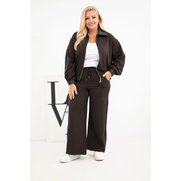 Moteriškas Plus Size komplektas su užtraukiamu džemperiu ir plačiomis kelnėmis, rudas