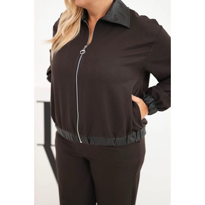 Moteriškas Plus Size komplektas su užtraukiamu džemperiu ir plačiomis kelnėmis, rudas