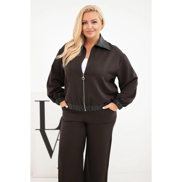 Moteriškas Plus Size komplektas su užtraukiamu džemperiu ir plačiomis kelnėmis, rudas