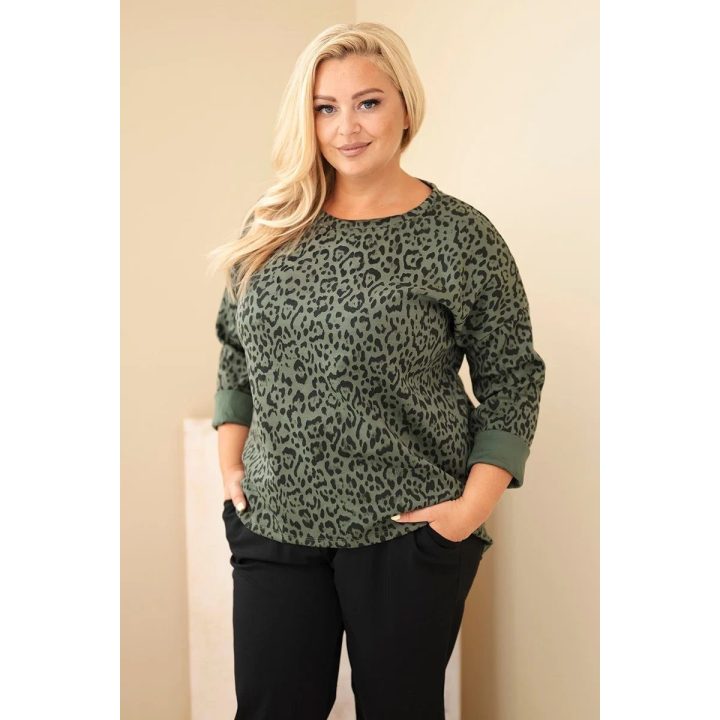 Moteriška Plus Size palaidinė su leopardo raštu ir ilgesne nugara, chaki spalvos