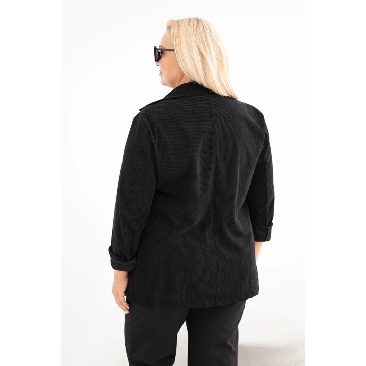 Moteriška Plus Size sztrukso stiliaus striukė su atvartais ir kišenėmis, juoda