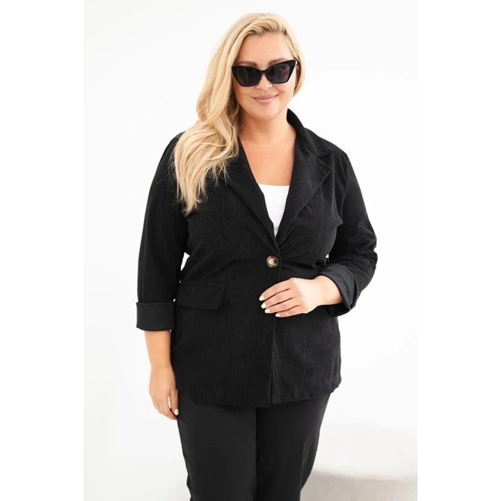 Moteriška Plus Size sztrukso stiliaus striukė su atvartais ir kišenėmis, juoda