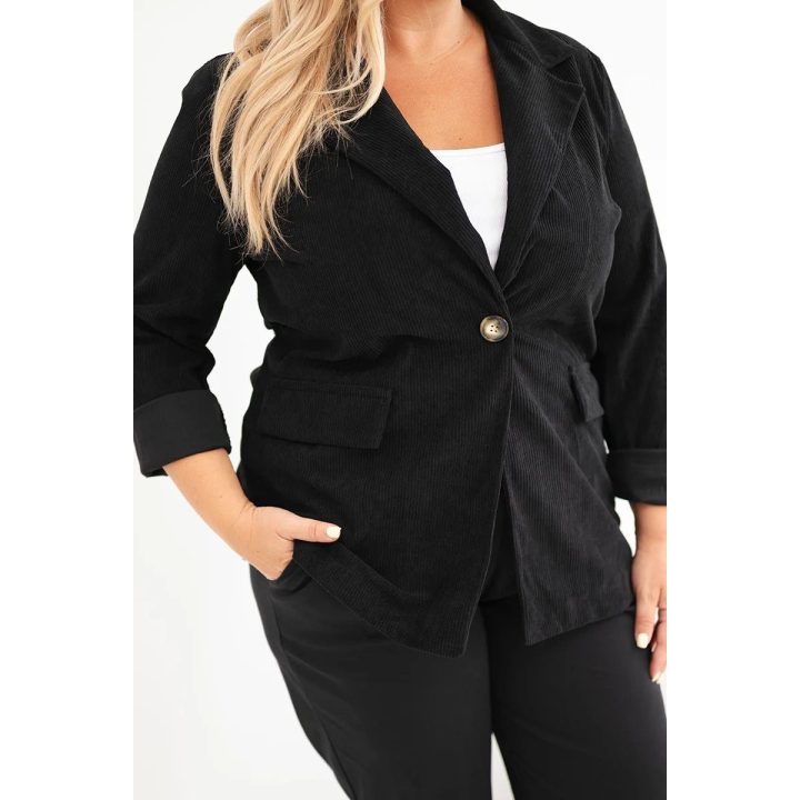 Moteriška Plus Size sztrukso stiliaus striukė su atvartais ir kišenėmis, juoda