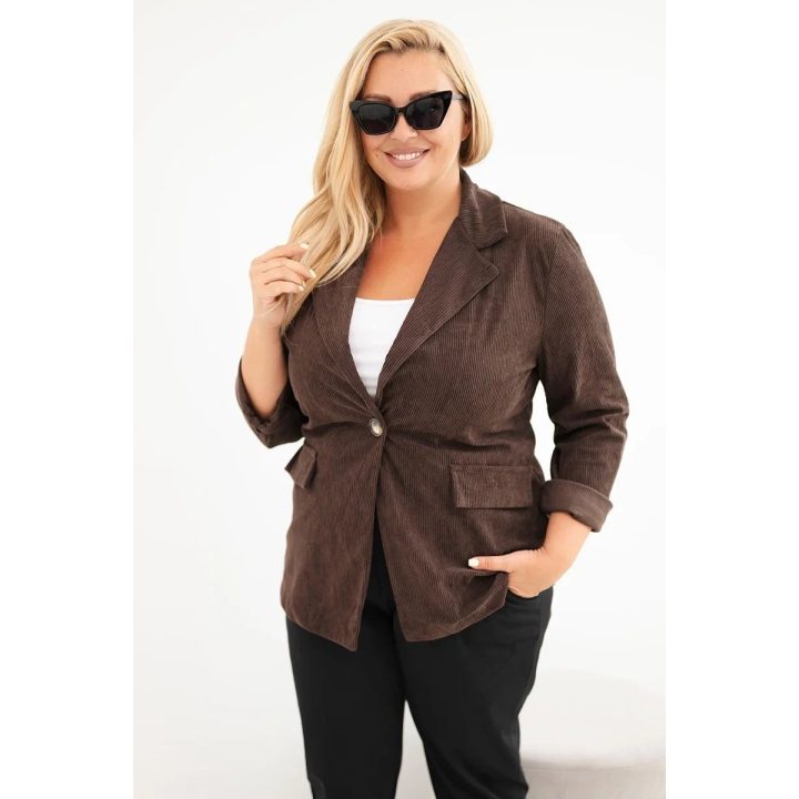 Moteriškas Plus Size švarkelis iš štruksinio audinio su atvartais ir kišenėmis, rudas