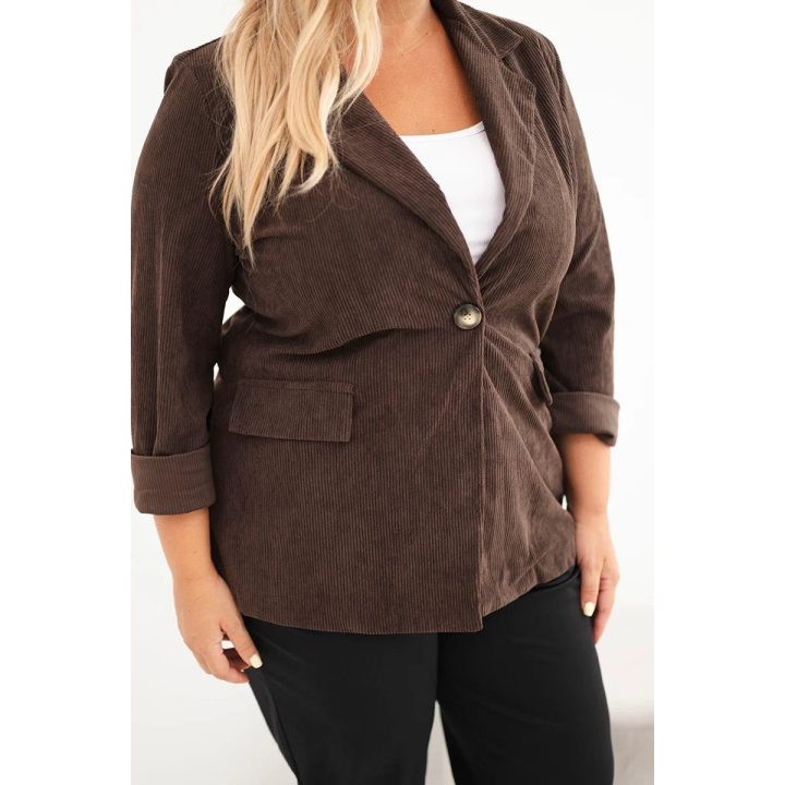 Moteriškas Plus Size švarkelis iš štruksinio audinio su atvartais ir kišenėmis, rudas