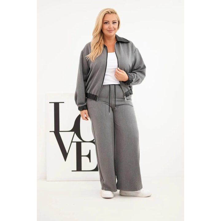 Moteriškas Plus Size komplektas su užtraukiamu džemperiu ir plačiomis kelnėmis, grafito spalvos