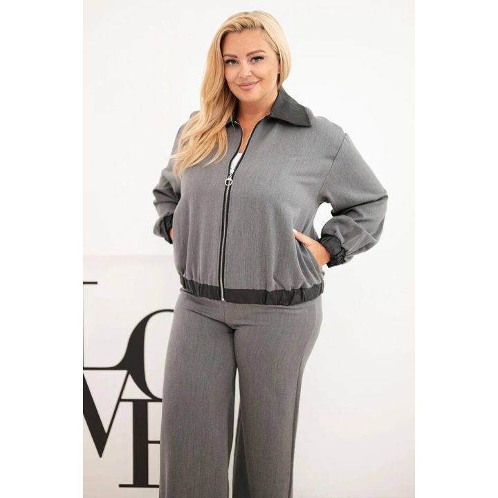 Moteriškas Plus Size komplektas su užtraukiamu džemperiu ir plačiomis kelnėmis, grafito spalvos