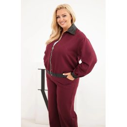 Moteriškas Plus Size komplektas su užtrauktuku ir plačiomis kelnėmis, bordo spalvos