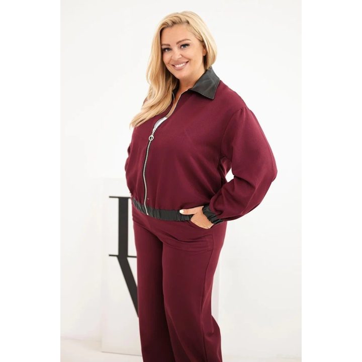 Moteriškas Plus Size komplektas su užtrauktuku ir plačiomis kelnėmis, bordo spalvos
