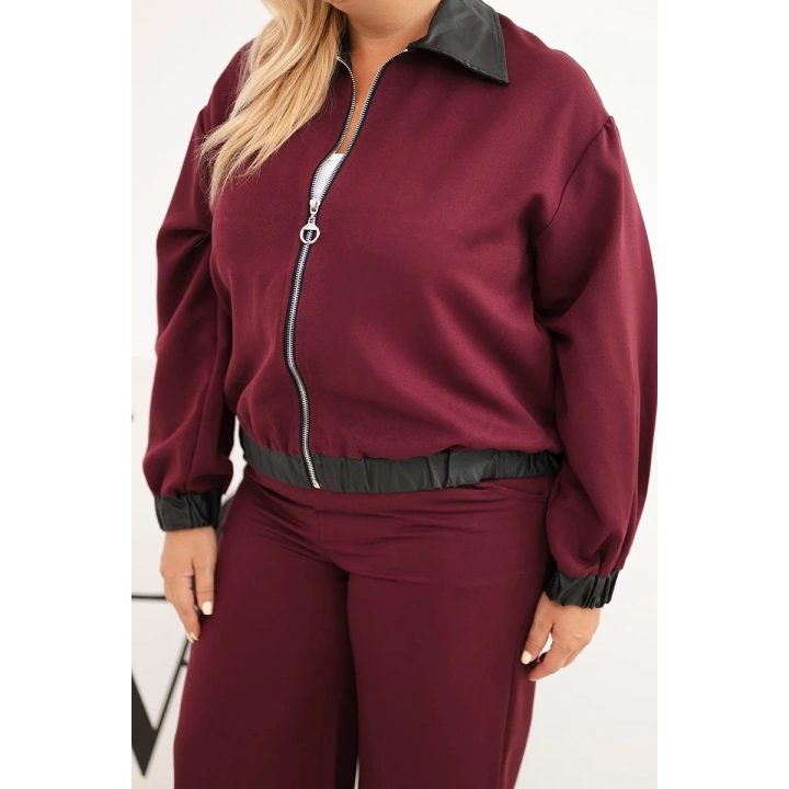 Moteriškas Plus Size komplektas su užtrauktuku ir plačiomis kelnėmis, bordo spalvos