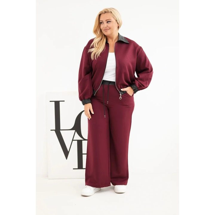 Moteriškas Plus Size komplektas su užtrauktuku ir plačiomis kelnėmis, bordo spalvos