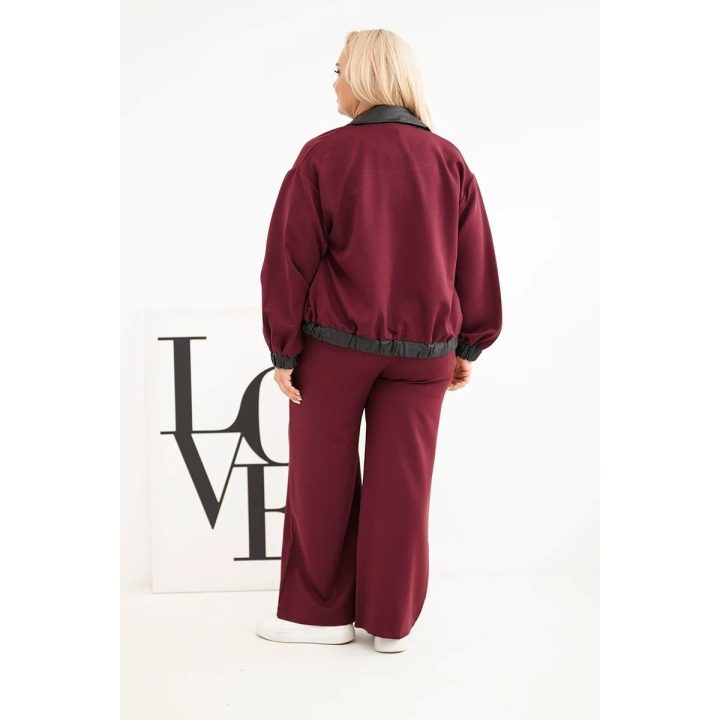 Moteriškas Plus Size komplektas su užtrauktuku ir plačiomis kelnėmis, bordo spalvos