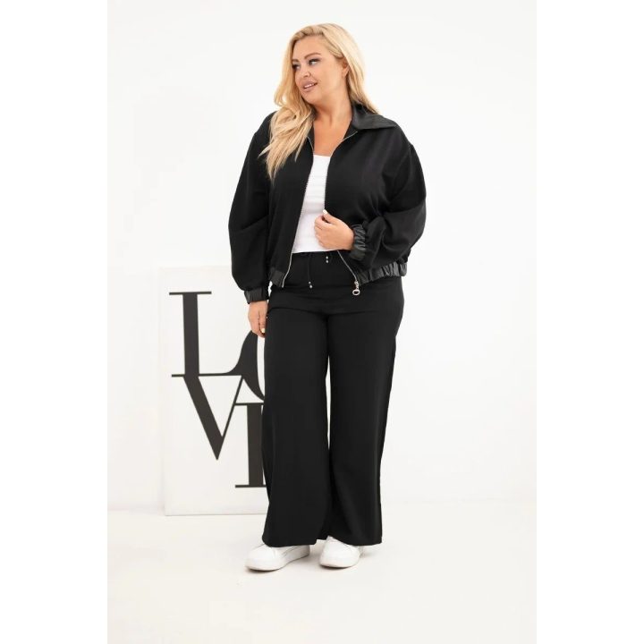 Moteriškas Plus Size komplektas su užtrauktuku ir plačiomis kelnėmis, juodas