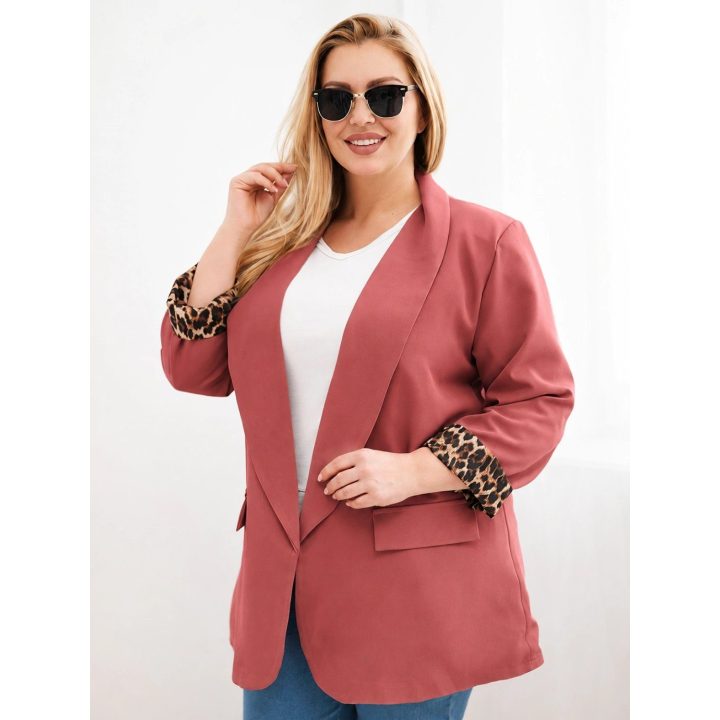 Moteriška Plus Size striukė su leopardo rašto apdaila, rausva