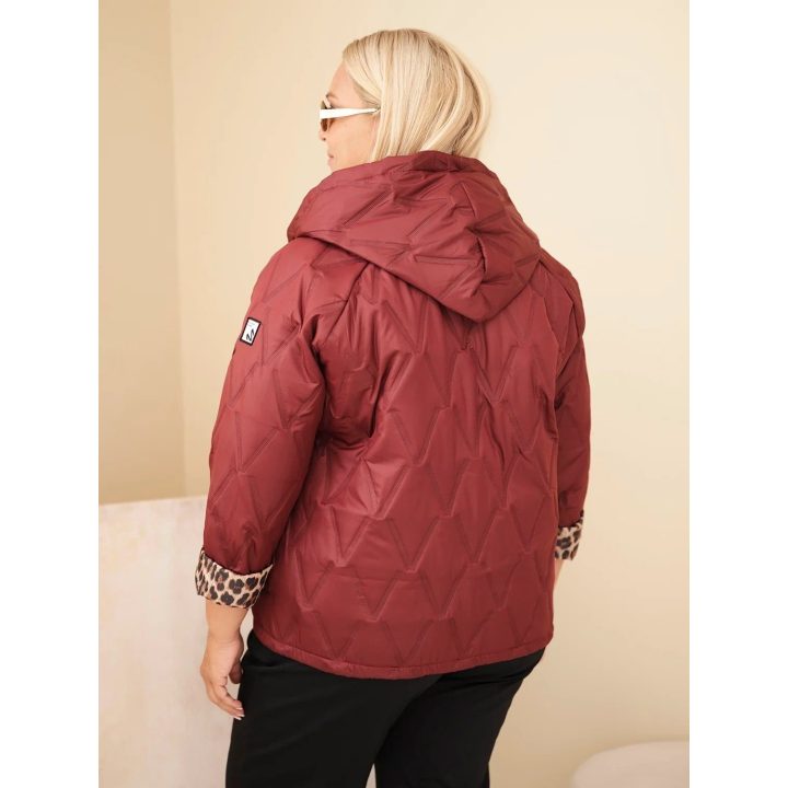 Moteriška Plus Size striukė su gobtuvu ir leopardo rašto apdaila, burgundiška