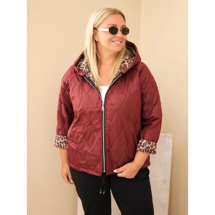 Moteriška Plus Size striukė su gobtuvu ir leopardo rašto apdaila, burgundiška
