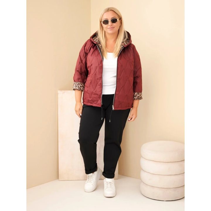 Moteriška Plus Size striukė su gobtuvu ir leopardo rašto apdaila, burgundiška