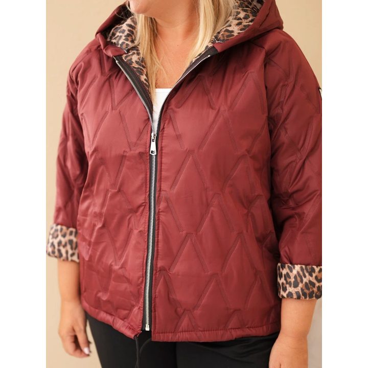 Moteriška Plus Size striukė su gobtuvu ir leopardo rašto apdaila, burgundiška