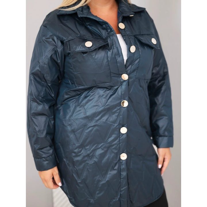Moteriška Plus Size striukė su apykakle ir kišenėmis, tamsiai mėlyna