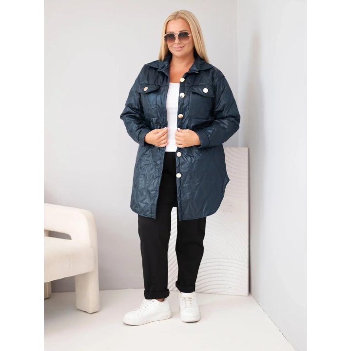 Moteriška Plus Size striukė su apykakle ir kišenėmis, tamsiai mėlyna