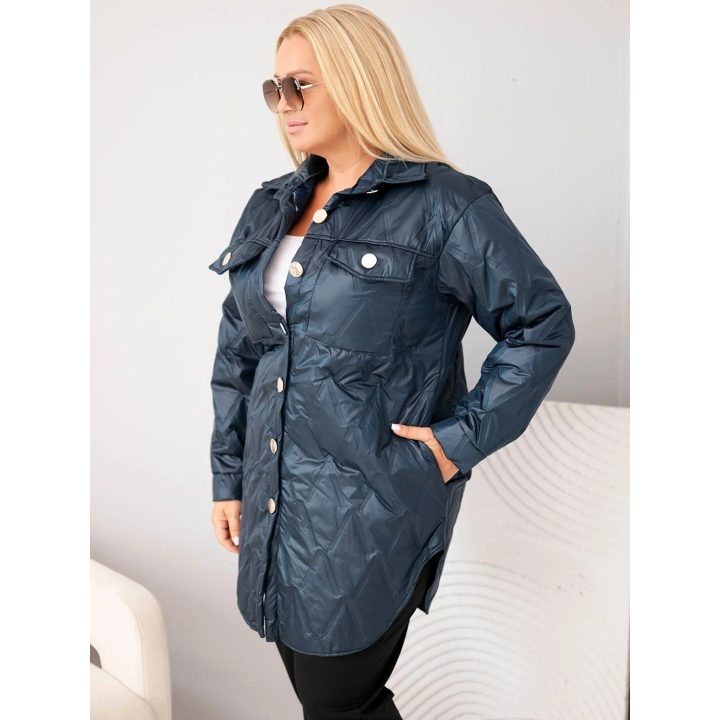 Moteriška Plus Size striukė su apykakle ir kišenėmis, tamsiai mėlyna