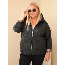 Moteriška Plus Size striukė su gobtuvu ir leopardo rašto apdaila, juoda