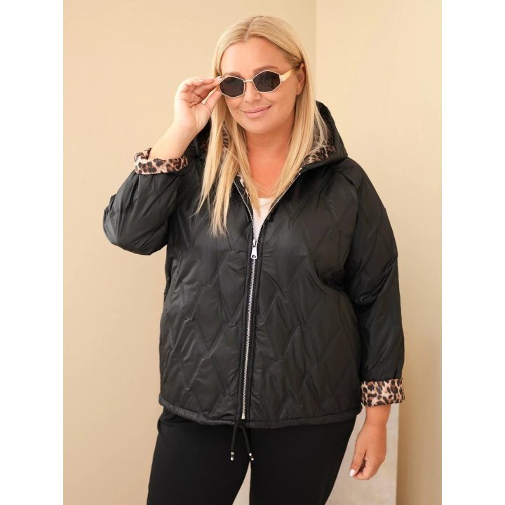 Moteriška Plus Size striukė su gobtuvu ir leopardo rašto apdaila, juoda