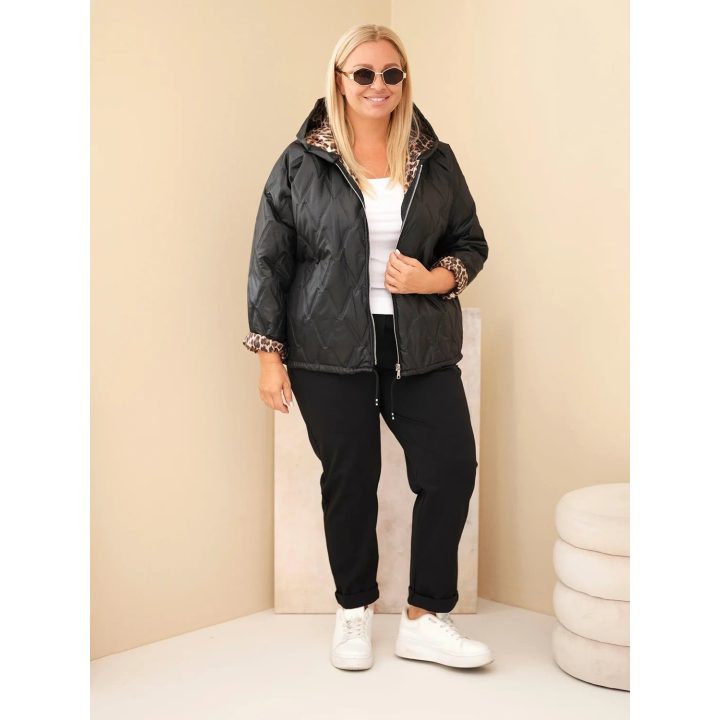 Moteriška Plus Size striukė su gobtuvu ir leopardo rašto apdaila, juoda