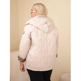 Moteriška Plus Size striukė su gobtuvu ir leopardo rašto apdaila, tamsiai smėlio spalvos
