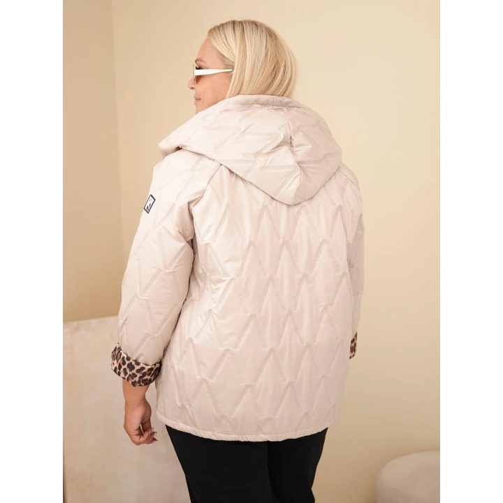 Moteriška Plus Size striukė su gobtuvu ir leopardo rašto apdaila, tamsiai smėlio spalvos