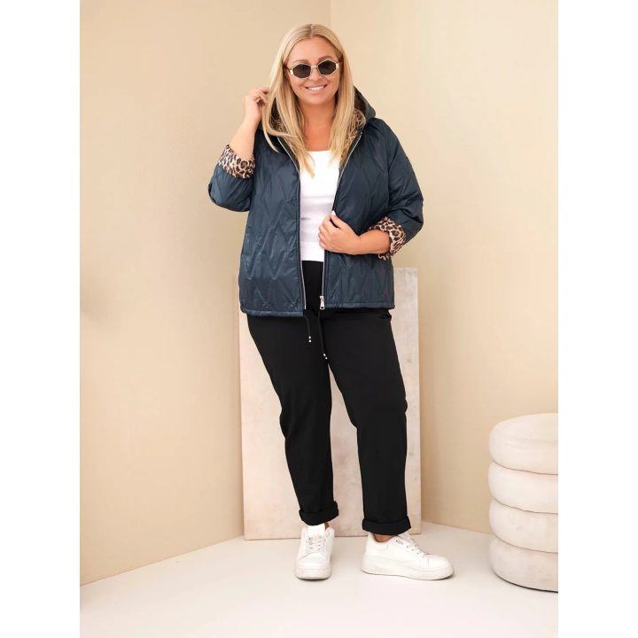 Moteriška Plus Size striukė su gobtuvu ir leopardo rašto apdaila, tamsiai mėlyna