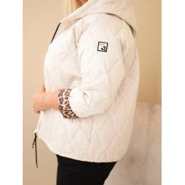 Moteriška Plus Size striukė su gobtuvu ir leopardo rašto apdaila, šviesiai smėlio spalvos