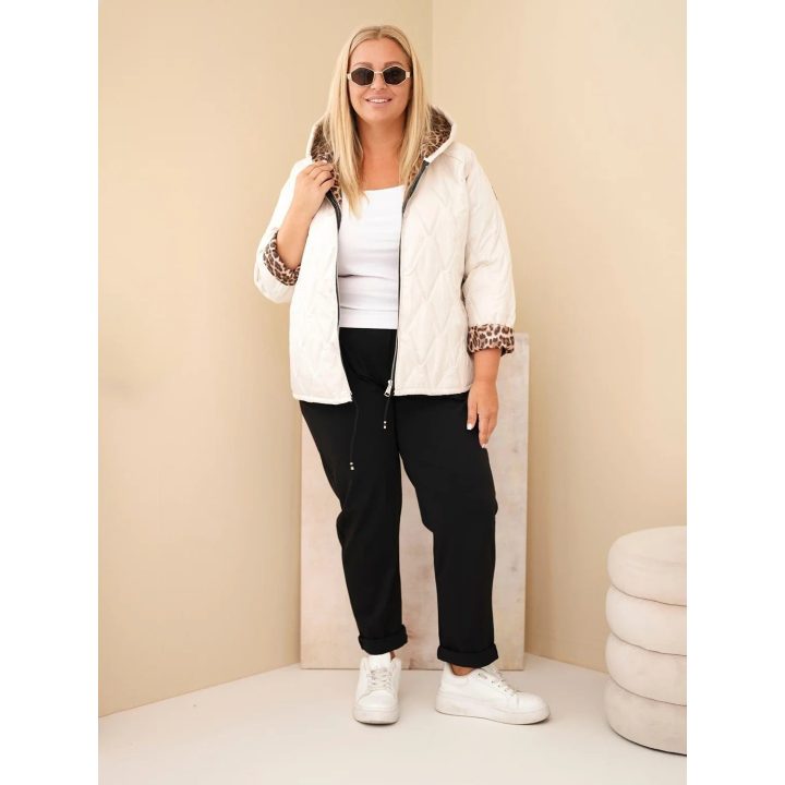 Moteriška Plus Size striukė su gobtuvu ir leopardo rašto apdaila, šviesiai smėlio spalvos